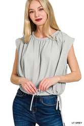 Woven Drawstring Tie Side Sleeveless Top ZENANA
